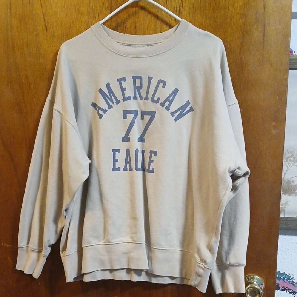 American Eagle Outfitters Tan Sweatshirt with Blue Print